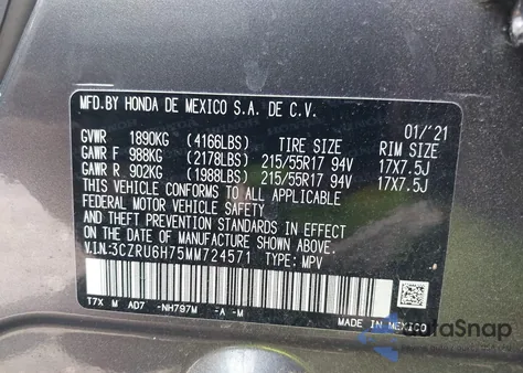 2021 Honda Hr-V Awd Ex-L z USA, uszkodzony, nr VIN 3CZRU6H75MM724571